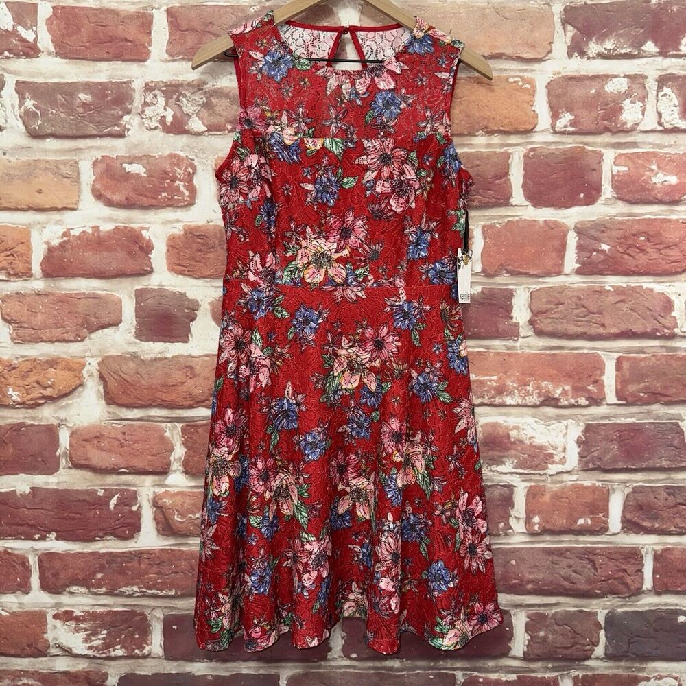 Kensie Dress Women's Size 8 Red Multicolor Floral Lace Casual Open Back Zip Up